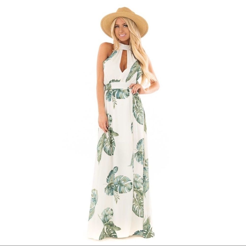 Ivory Tropical Leaf Print Maxi Dress